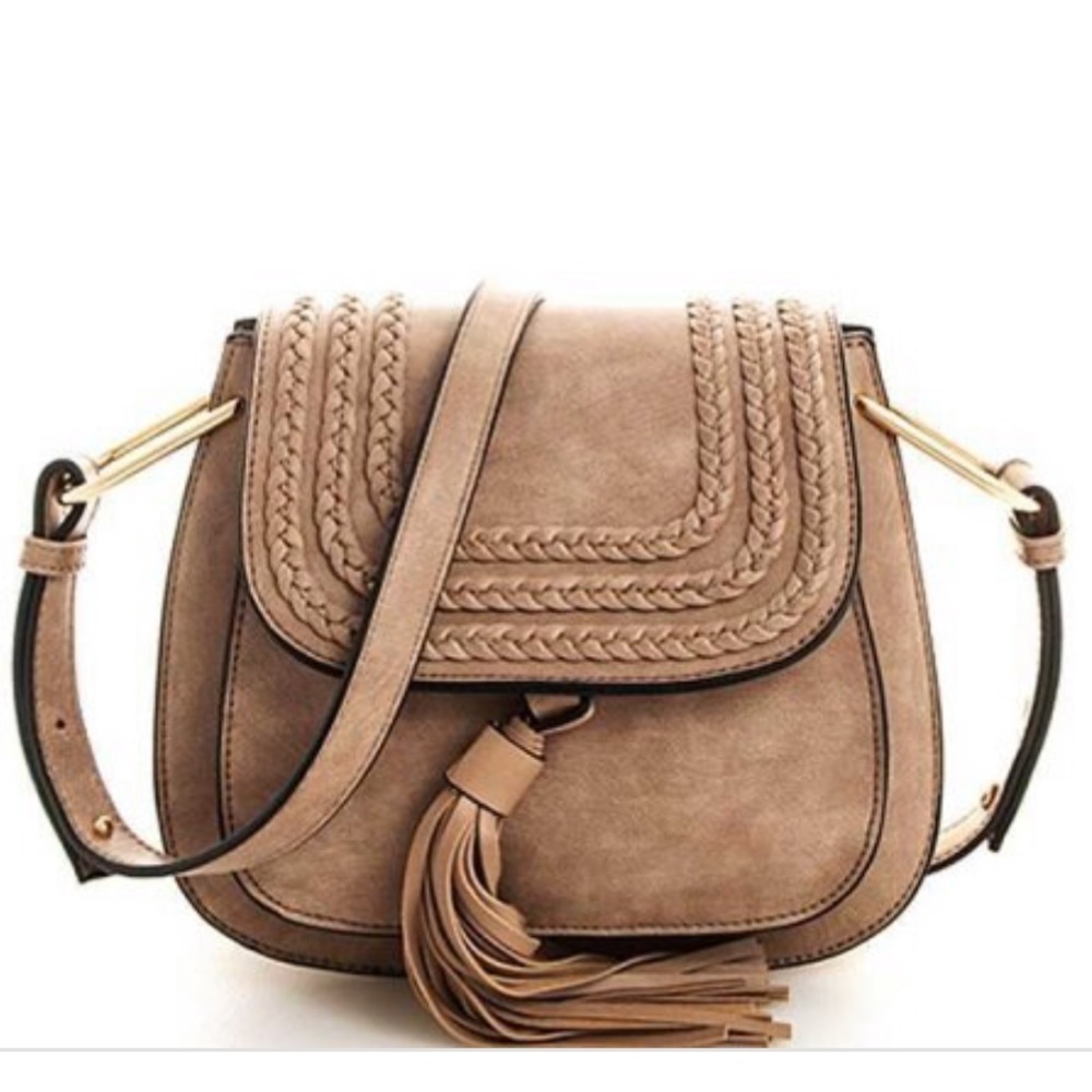 Tan tasseled saddle bag crossbody vegan leather